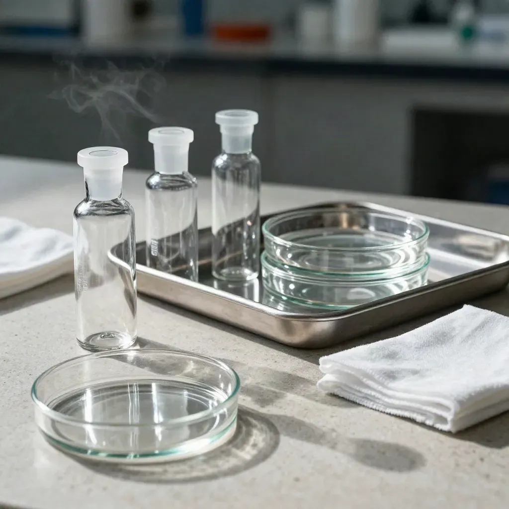 Lab vials, petri dishes and microtray on pale stone in soft mist and side light.