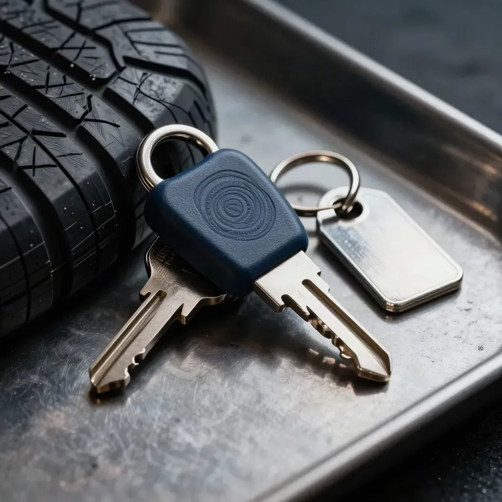 Fleet key fob, ignition key, tyre tread slice and steel tag holder on brushed metal in moody macro.
