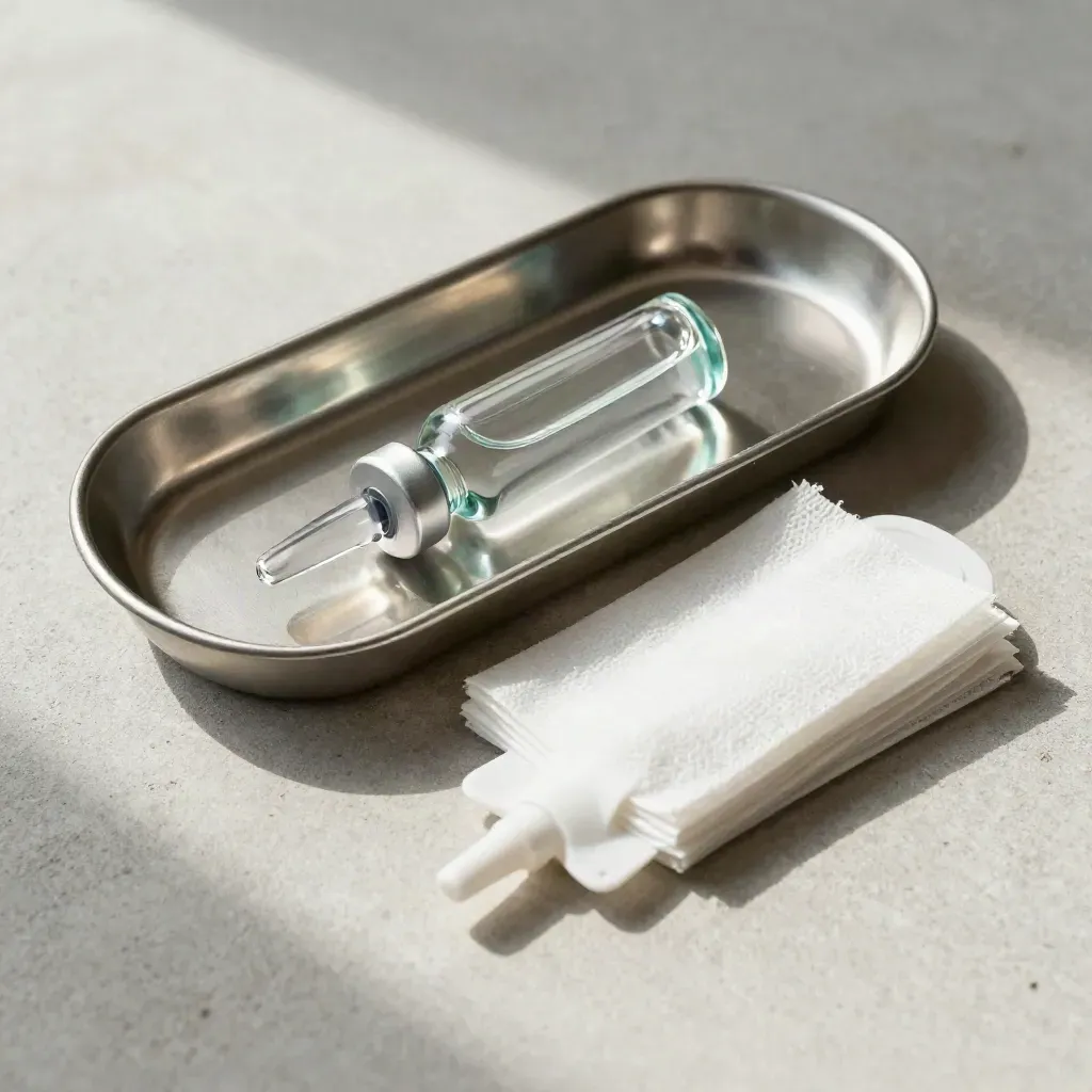 Steel pill tray, glass vial, gauze stack and ampoule carrier on pale concrete with teal highlight