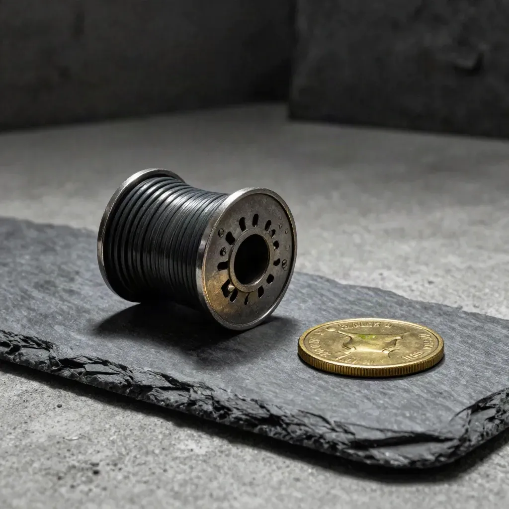 Graphite shipping seal, brass token and cable-tie spools on slate in dramatic low light.