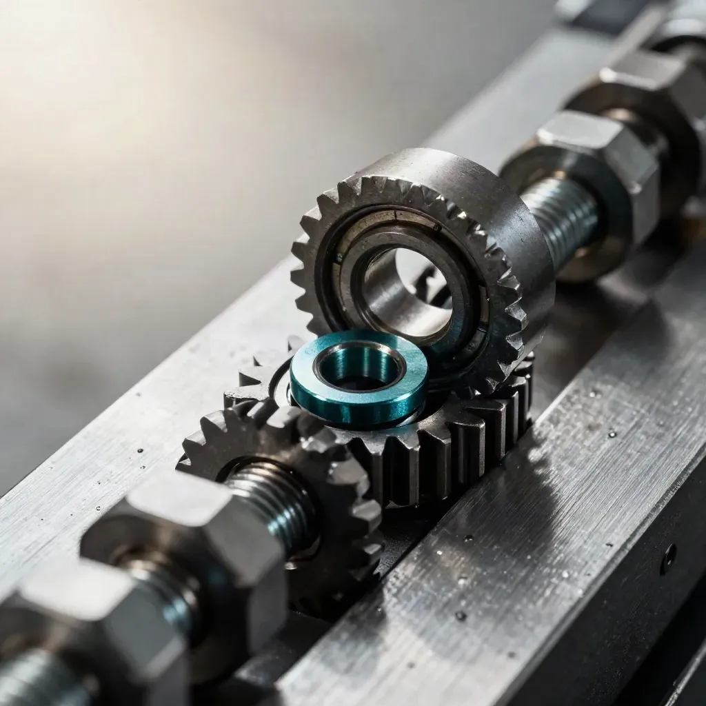 Graphite gear, bearing race and bolts on brushed metal with a subtle teal accent.