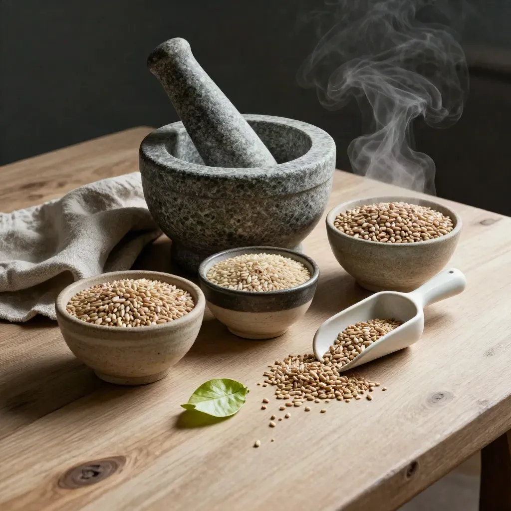 Stone mortar with grain bowls, linen cloth, ceramic scoop and spilled grain on pale wood.