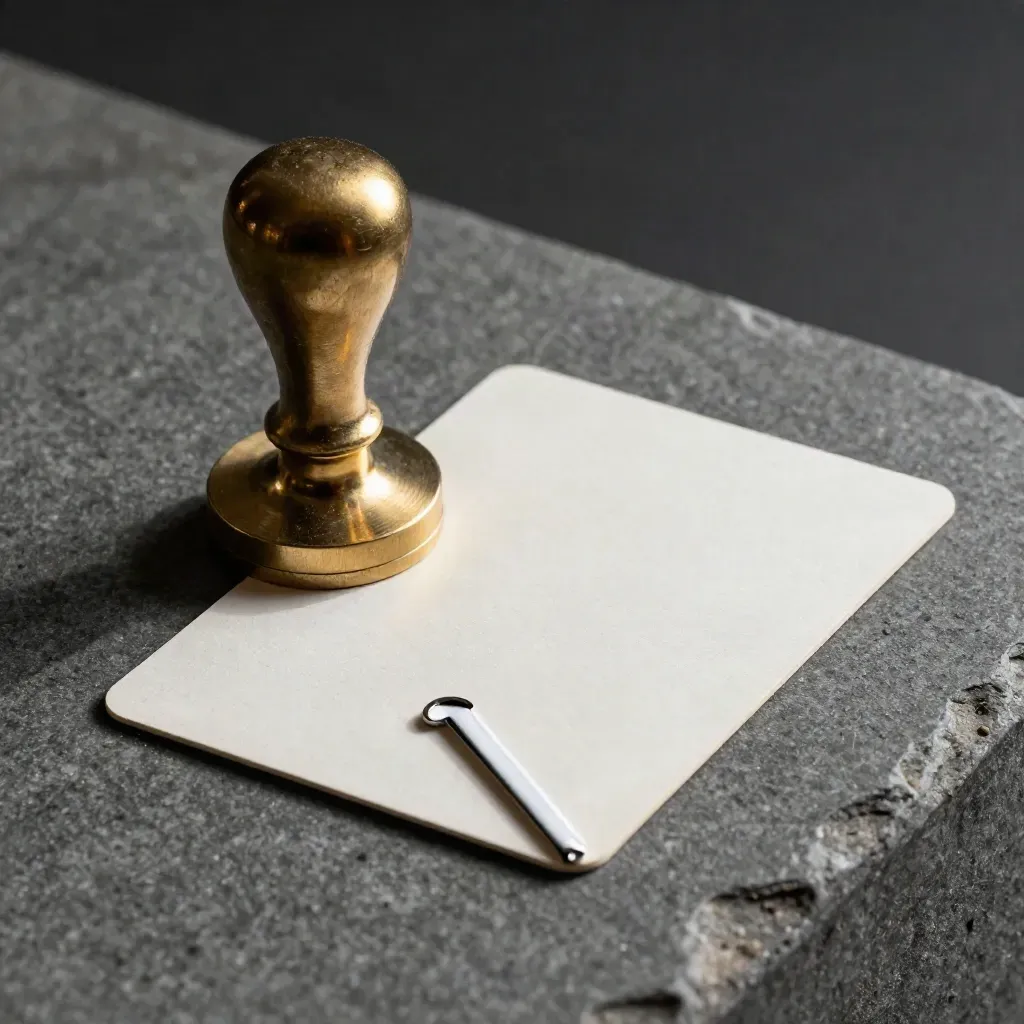 Top-down macro of a brass seal beside two audit cards and a steel clip on dark stone.