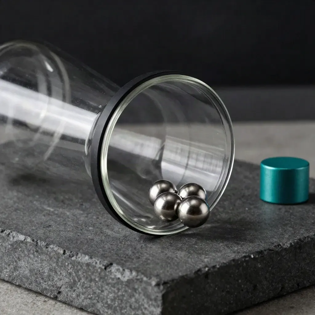 Glass funnel with steel beads on dark stone, low side macro with teal glint and haze.