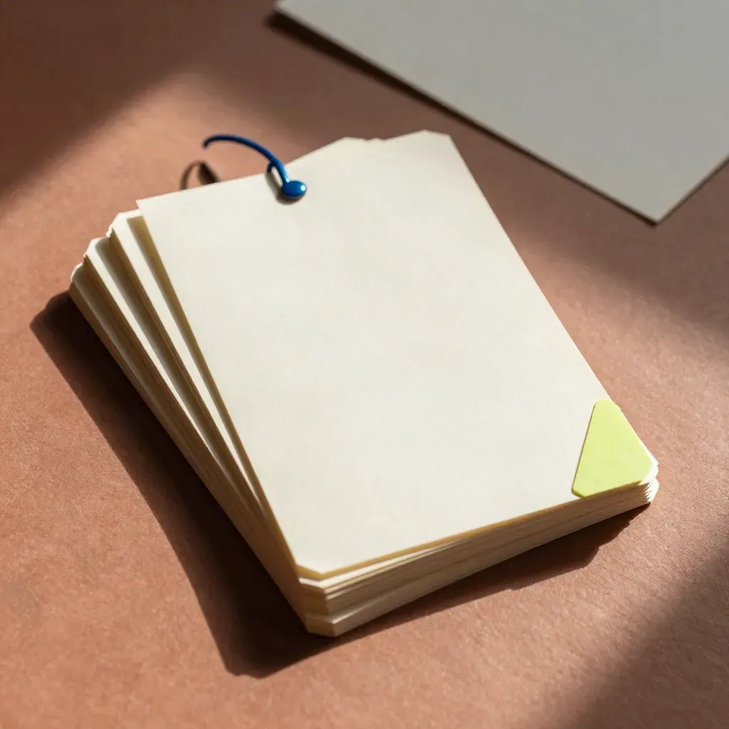 Flat lay of blank index cards with tabs and a metal fastener on terracotta.