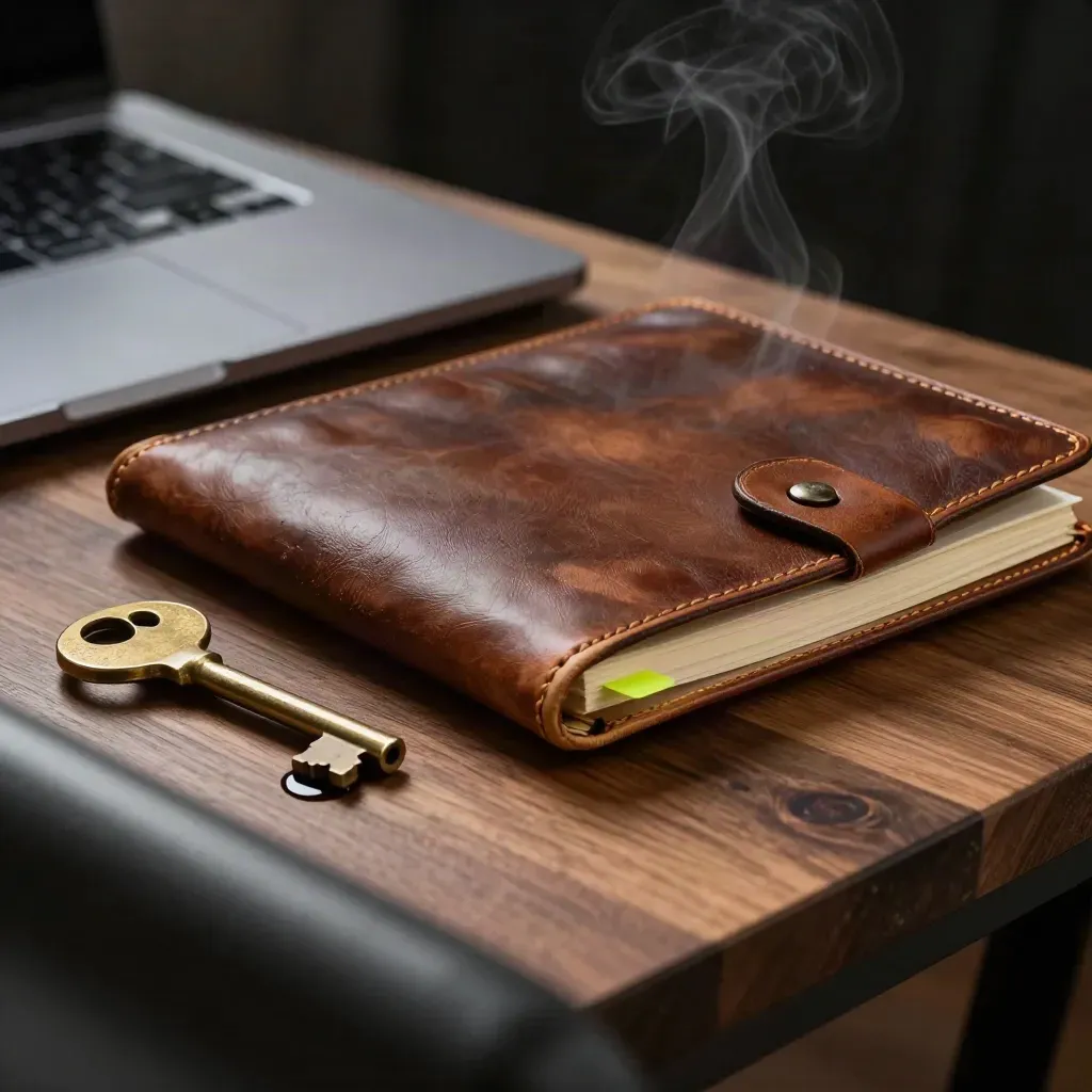 Charcoal laptop, half-open leather notebook, brass key and coffee ring on walnut with steam