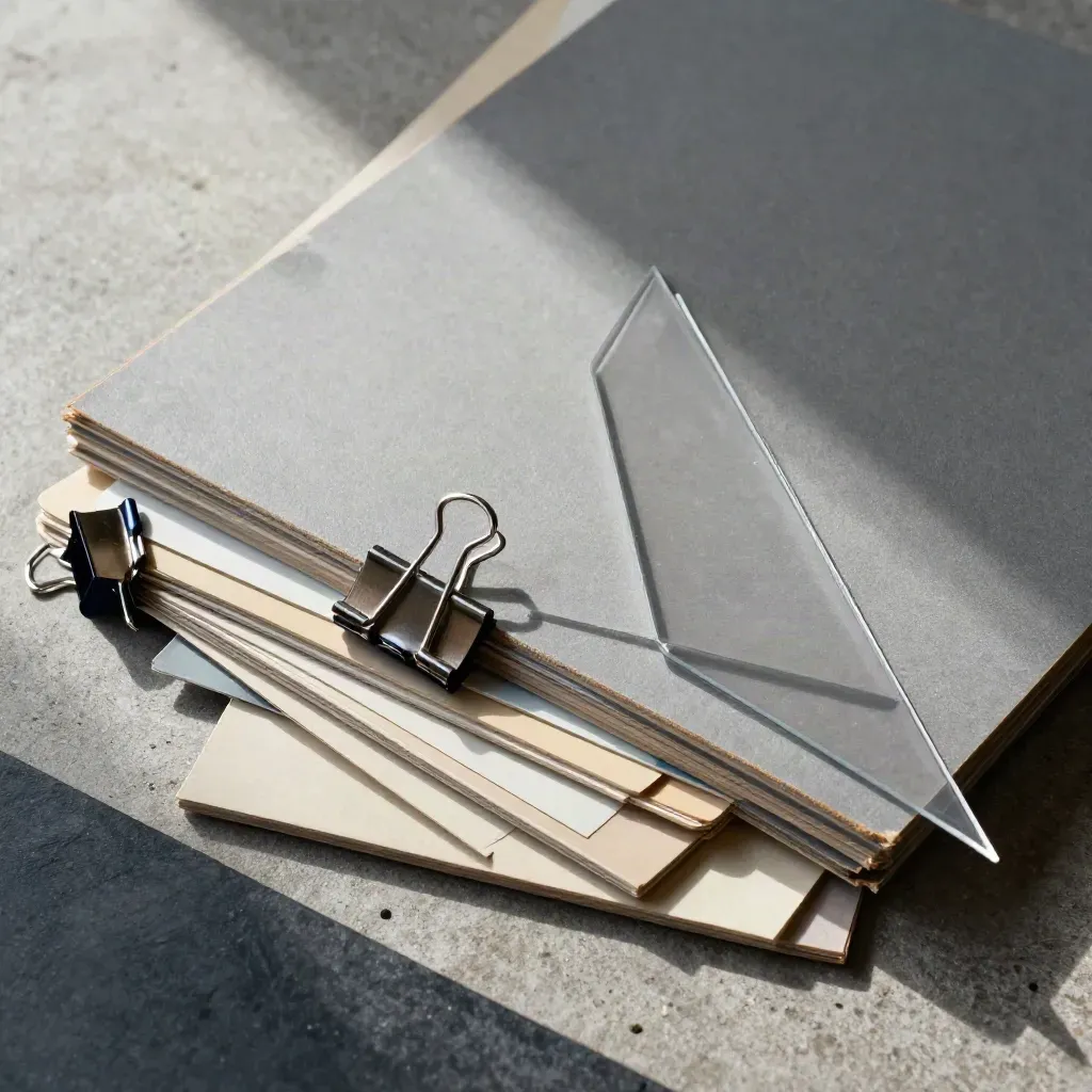 Overhead swatch boards, binder clips and a drafting triangle on concrete under soft side light.
