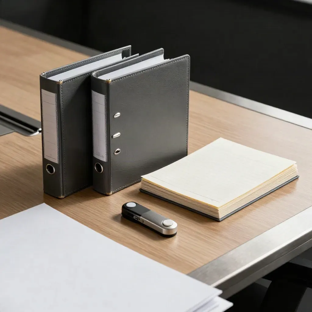 Paired ring binders, meeting pads and a metal clicker on pale oak in low side light.