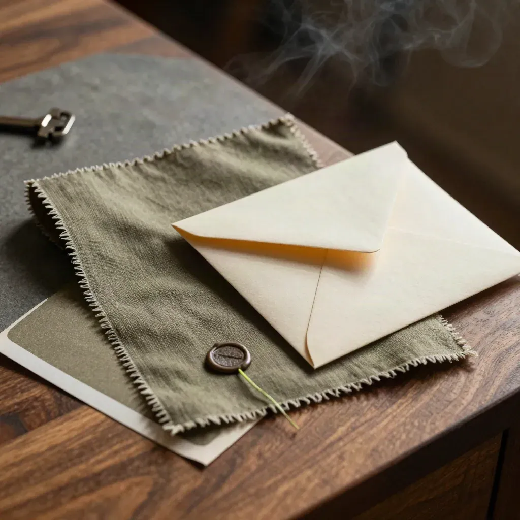 Cream envelope clipped to an olive fabric swatch on walnut, lit by a low warm beam.