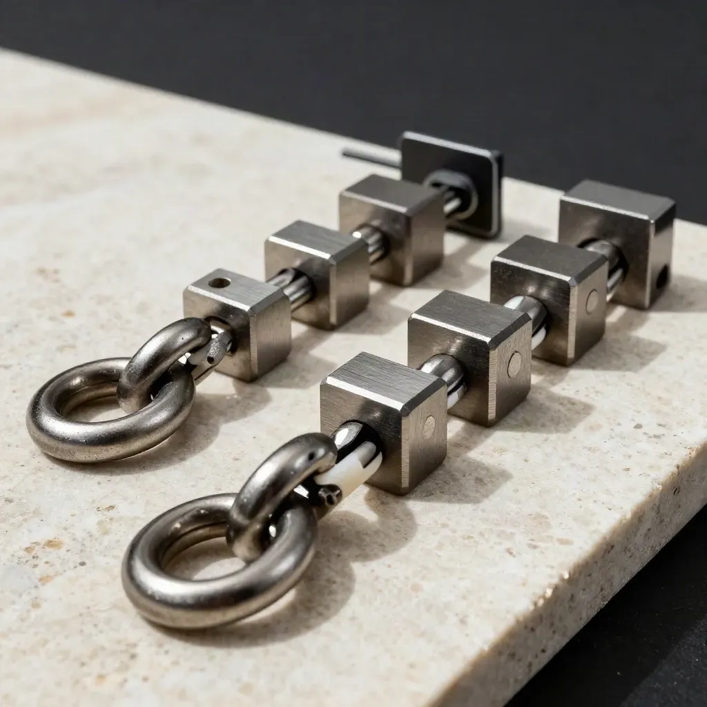 Steel rings, modular blocks and a cable clip on cream stone in dramatic top-down light