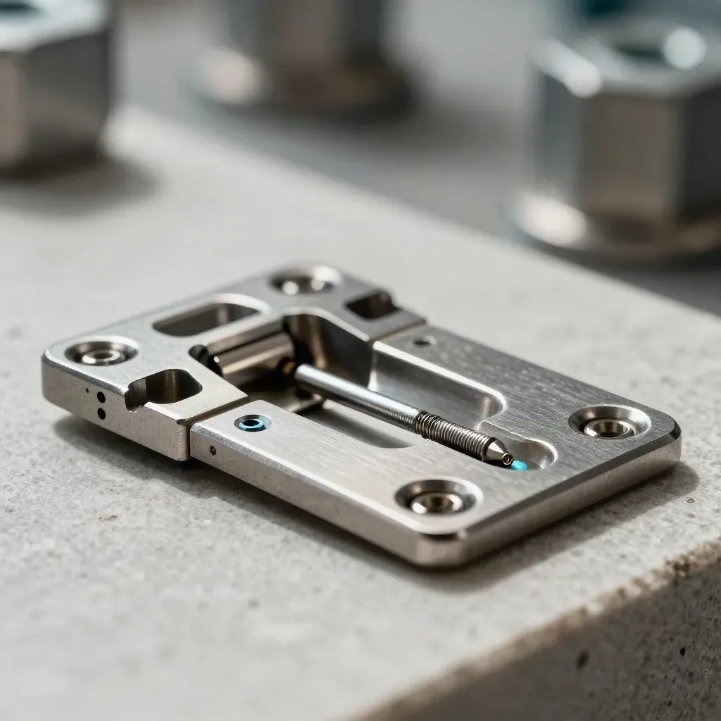 Macro of machined hinge plates, hex standoffs and a pin aligning on stone.