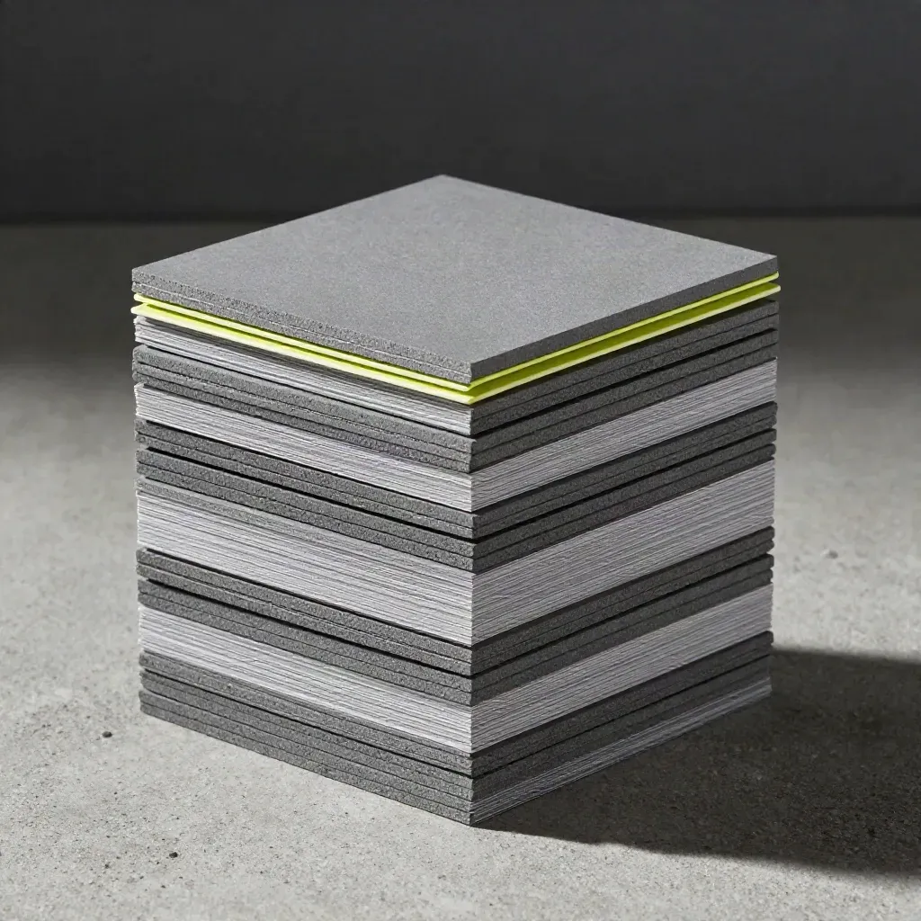 Graphite modular blocks and blank tiles stacked with a lime spacer on concrete.